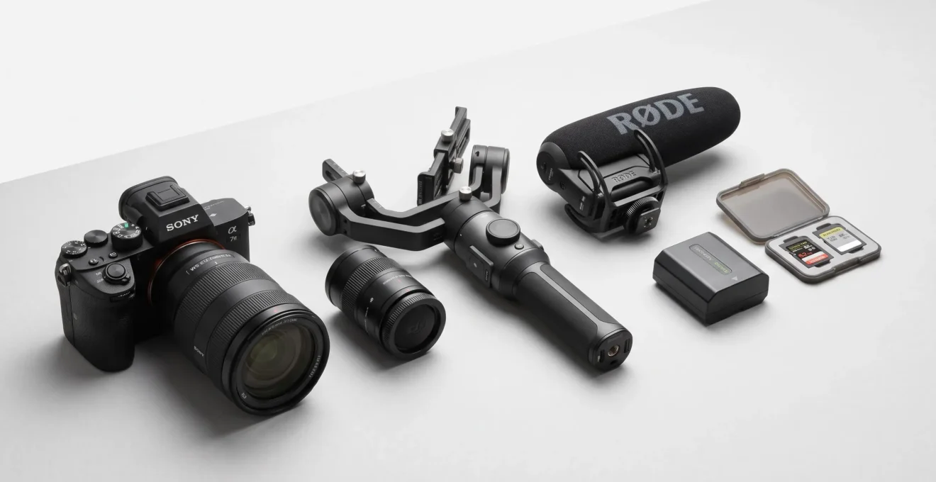 Équipement vidéo professionnel complet disposé sur fond neutre : caméra hybride, objectif, stabilisateur gimbal et micro-canon