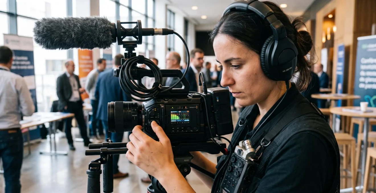 Vidéaste professionnel portant casque de monitoring audio, vérifiant les niveaux sonores sur caméra équipée d'un micro-canon