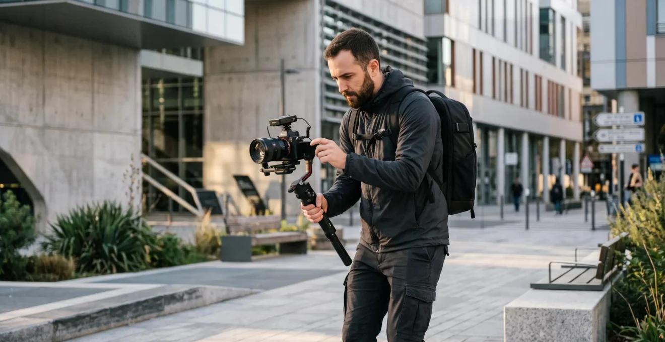 Vidéaste professionnel filmant en extérieur avec caméra hybride montée sur stabilisateur gimbal, en action dans un environnement urbain moderne à la lumière dorée