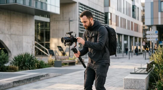 Vidéaste professionnel filmant en extérieur avec caméra hybride montée sur stabilisateur gimbal, en action dans un environnement urbain moderne à la lumière dorée
