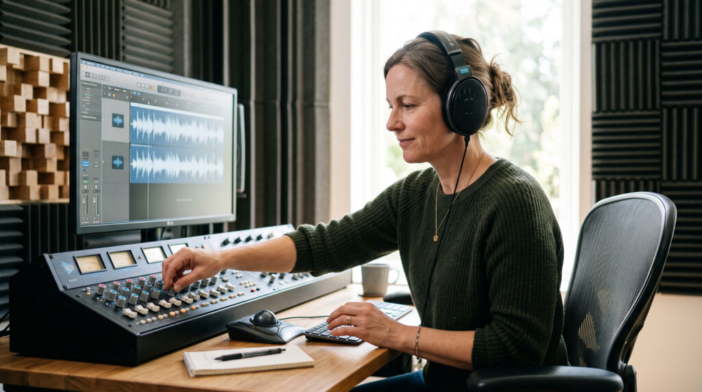 Vidéaste professionnel portant casque de monitoring audio, vérifiant les niveaux sonores sur caméra équipée d'un micro-canon Vidéaste professionnel portant casque de monitoring audio, vérifiant les niveaux sonores sur caméra équipée d'un micro-canon