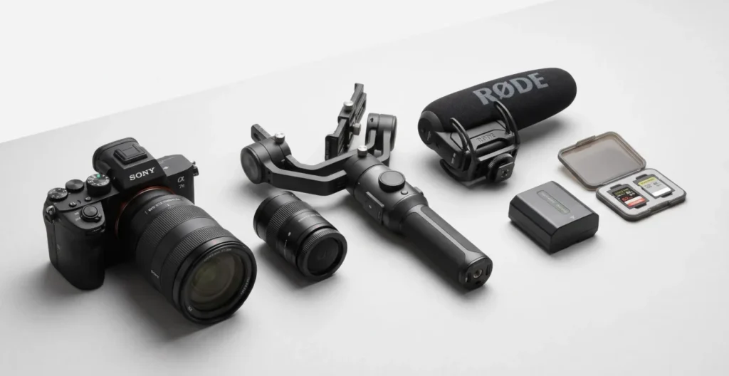 Équipement vidéo professionnel complet disposé sur fond neutre : caméra hybride, objectif, stabilisateur gimbal et micro-canon Équipement vidéo professionnel complet disposé sur fond neutre : caméra hybride, objectif, stabilisateur gimbal et micro-canon