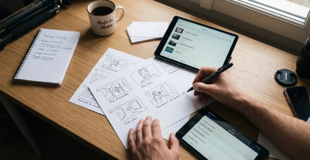 Espace de travail vidéaste avec storyboard papier annoté, tablette affichant shot list et notes de planification, éclairage naturel Espace de travail vidéaste avec storyboard papier annoté, tablette affichant shot list et notes de planification, éclairage naturel